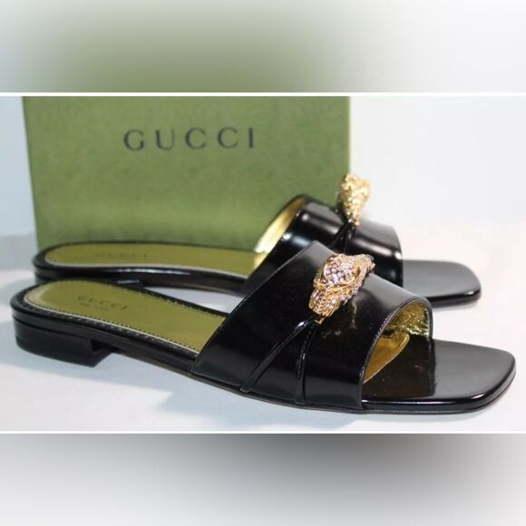 Brand new with box and dustbag Gucci Black Slide Sandals with Gold Accent size 6 - Picture 1 of 3